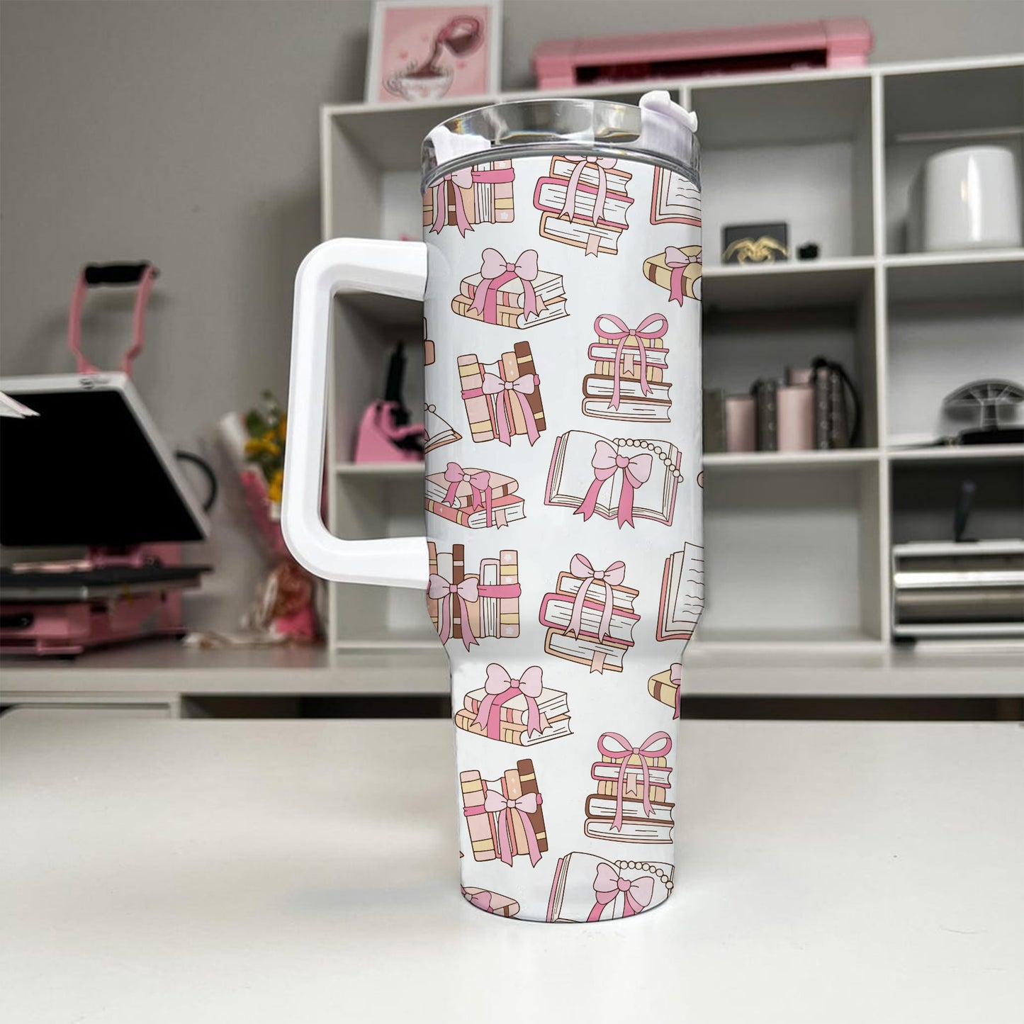 Book Lover Gift Tumbler – 40oz Pink Ribbon Bookish Cup