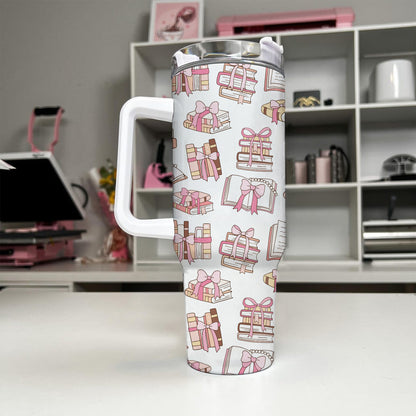 Book Lover Gift Tumbler – 40oz Pink Ribbon Bookish Cup