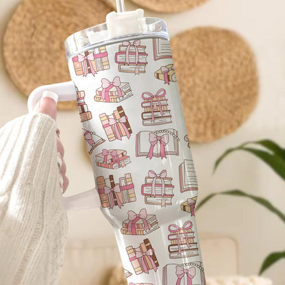 Book Lover Gift Tumbler – 40oz Pink Ribbon Bookish Cup