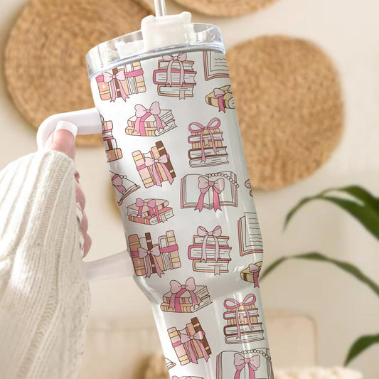 Book Lover Gift Tumbler – 40oz Pink Ribbon Bookish Cup