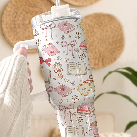 Bookish Love Aesthetic Tumbler with Handle – 40oz Stainless Steel