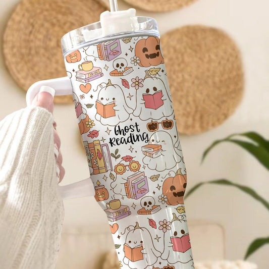 Ghost Reading Tumbler – 40oz Bookish Halloween Cup with Handle