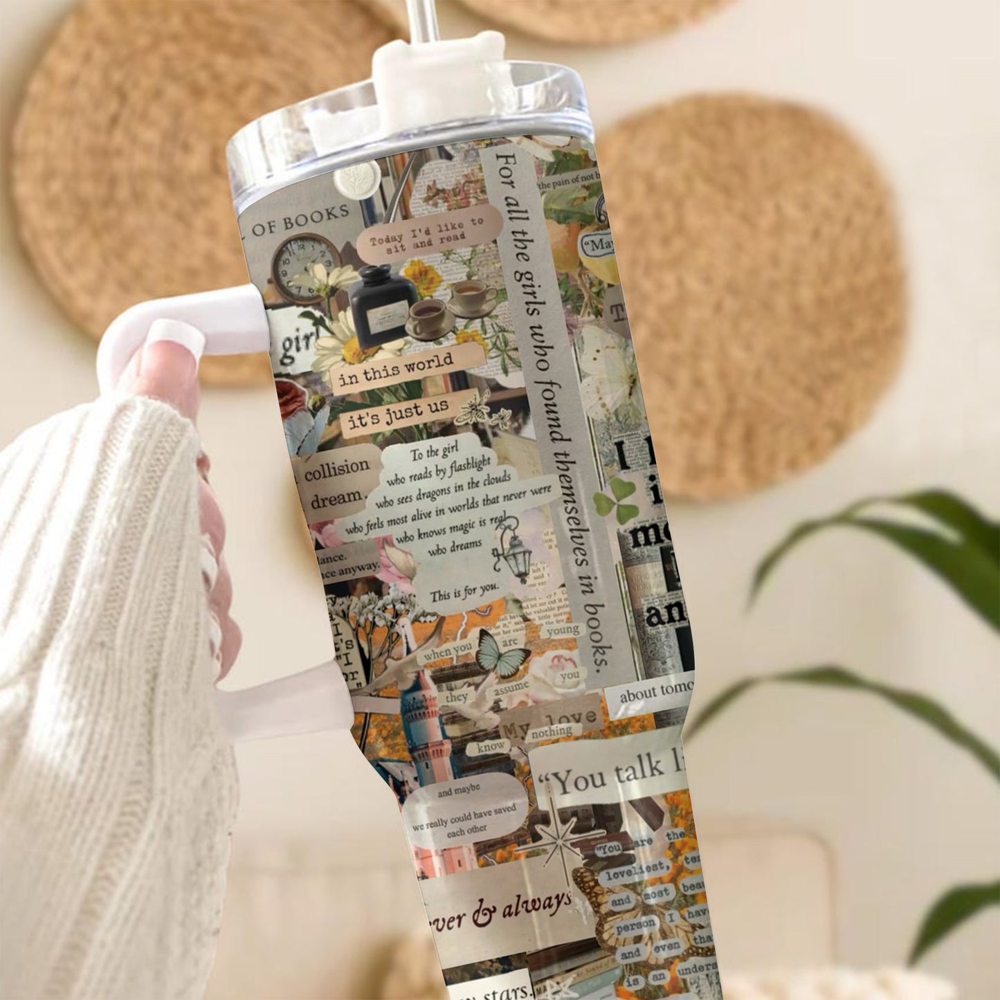 Book Lover Collage Tumbler with Handle – 40oz Aesthetic Travel Mug