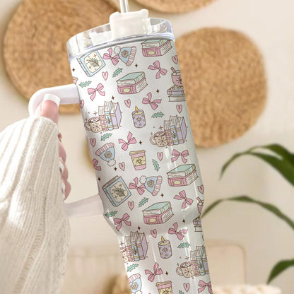 Cozy Bookish Winter Tumbler with Handle – 40oz Insulated Cup