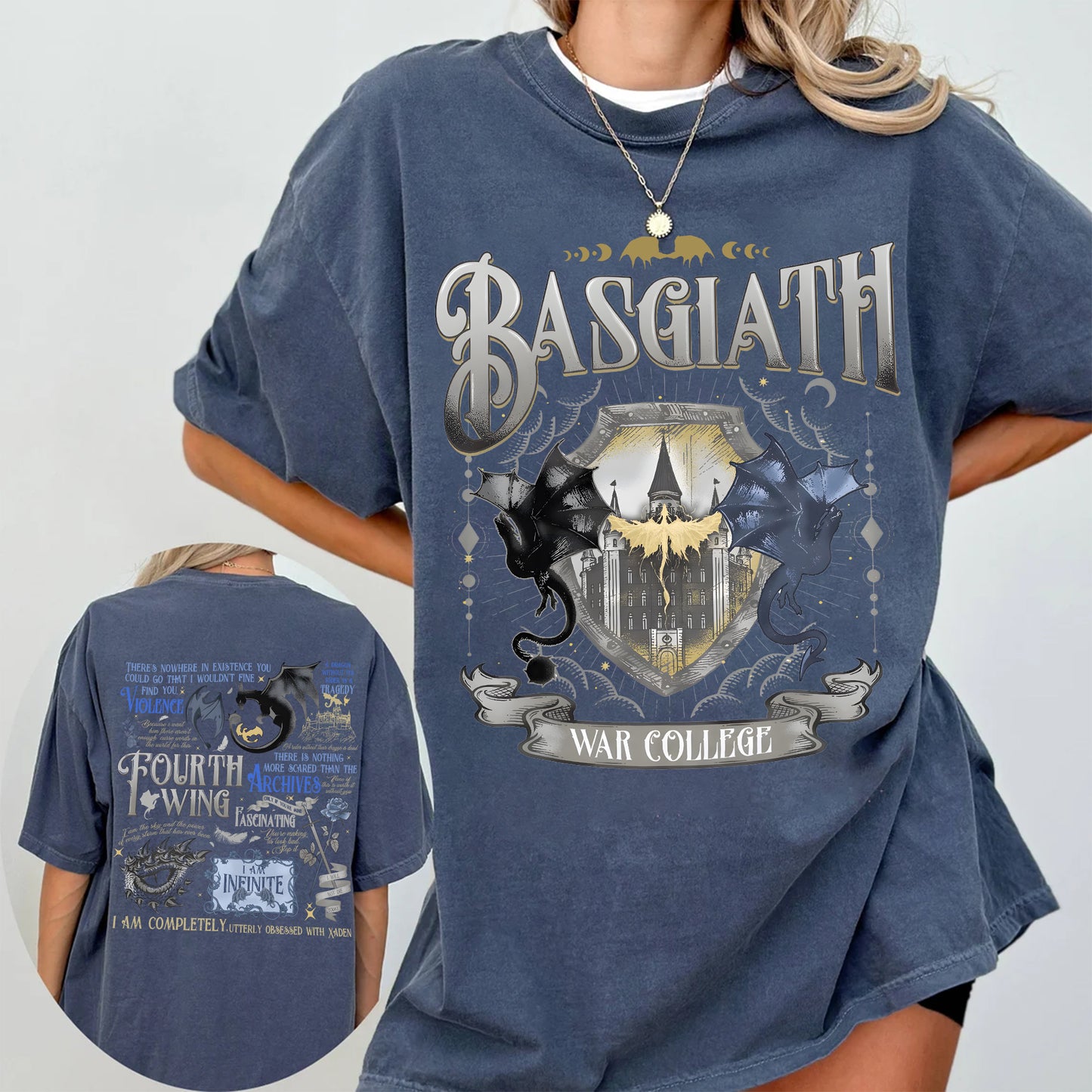 Basgiath Comfort Colors Tee – Fourth Wing Crest & Xaden Quotes
