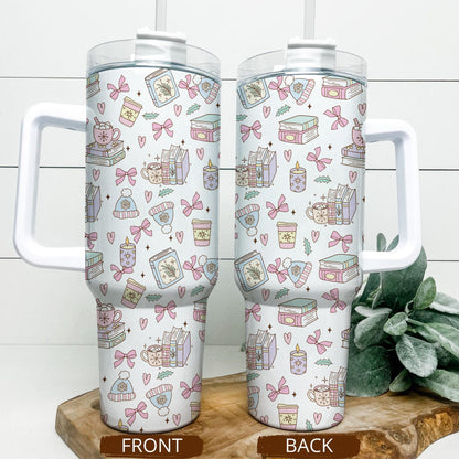 Cozy Bookish Winter Tumbler with Handle – 40oz Insulated Cup