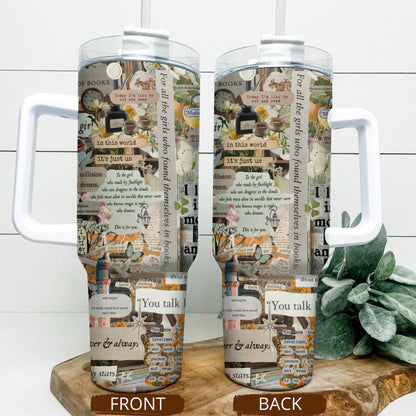 Book Lover Collage Tumbler with Handle – 40oz Aesthetic Travel Mug