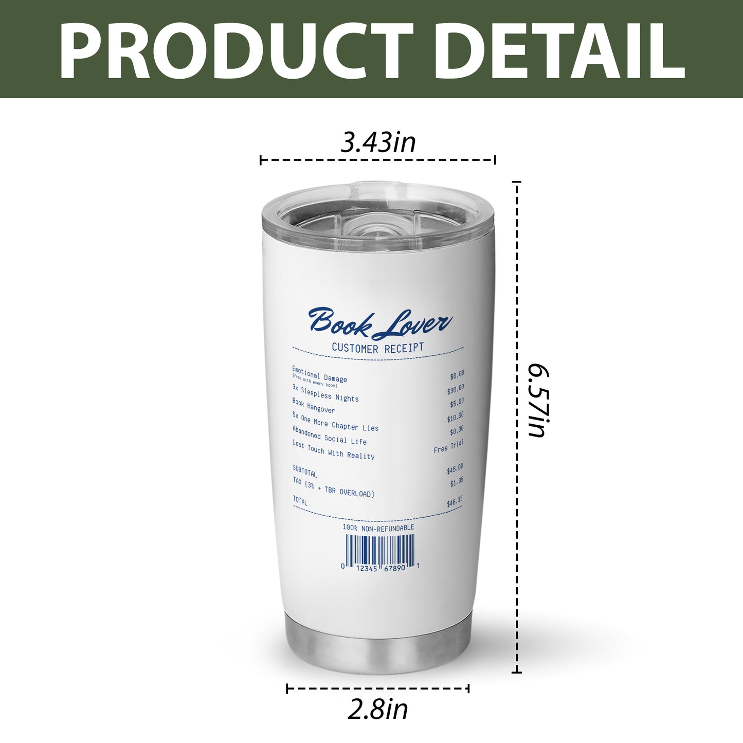 Book Lover Receipt Stainless Steel Tumbler