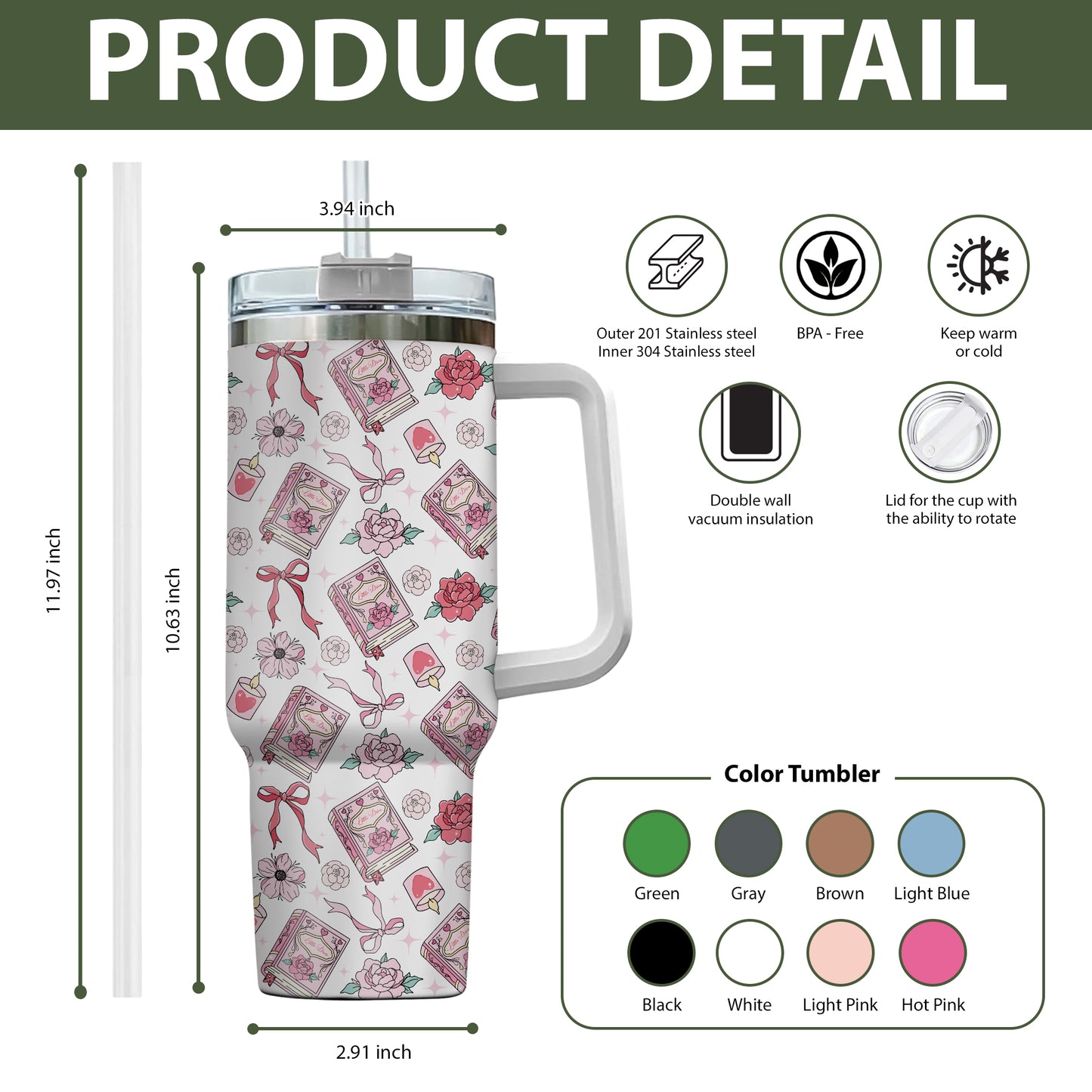 Pastel Floral Bookish Stainless Steel Tumbler