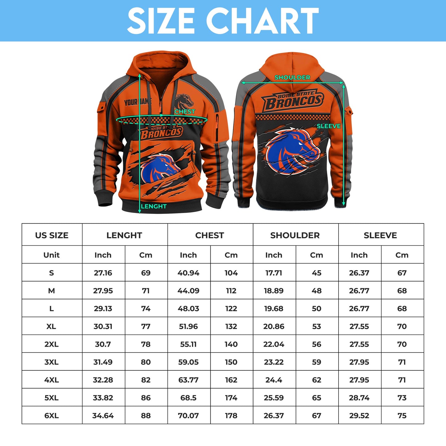 Boise State BroncosHoodie Half Zipper Custom Your Name EHIVM-07092718