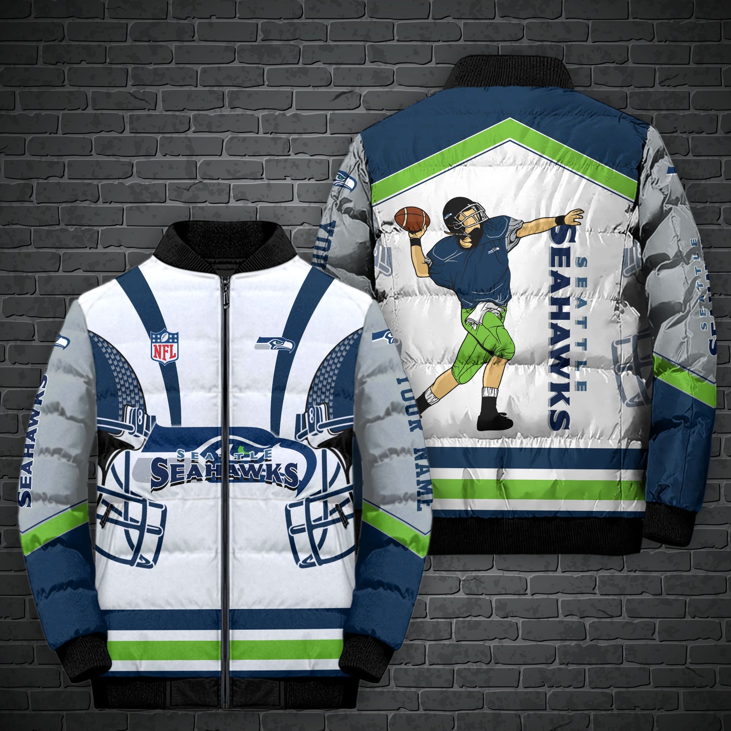 Seattle Seahawks Puffer Jacket Personalized Your Name, Sport Jacket For Fans ETHY-46570