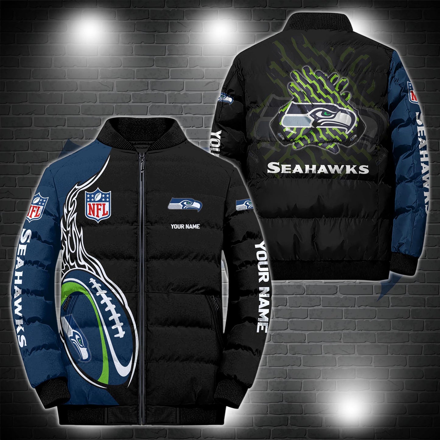 Seattle Seahawks Puffer Jacket Custom Name, Sport Jacket For Fans ETRG-44921