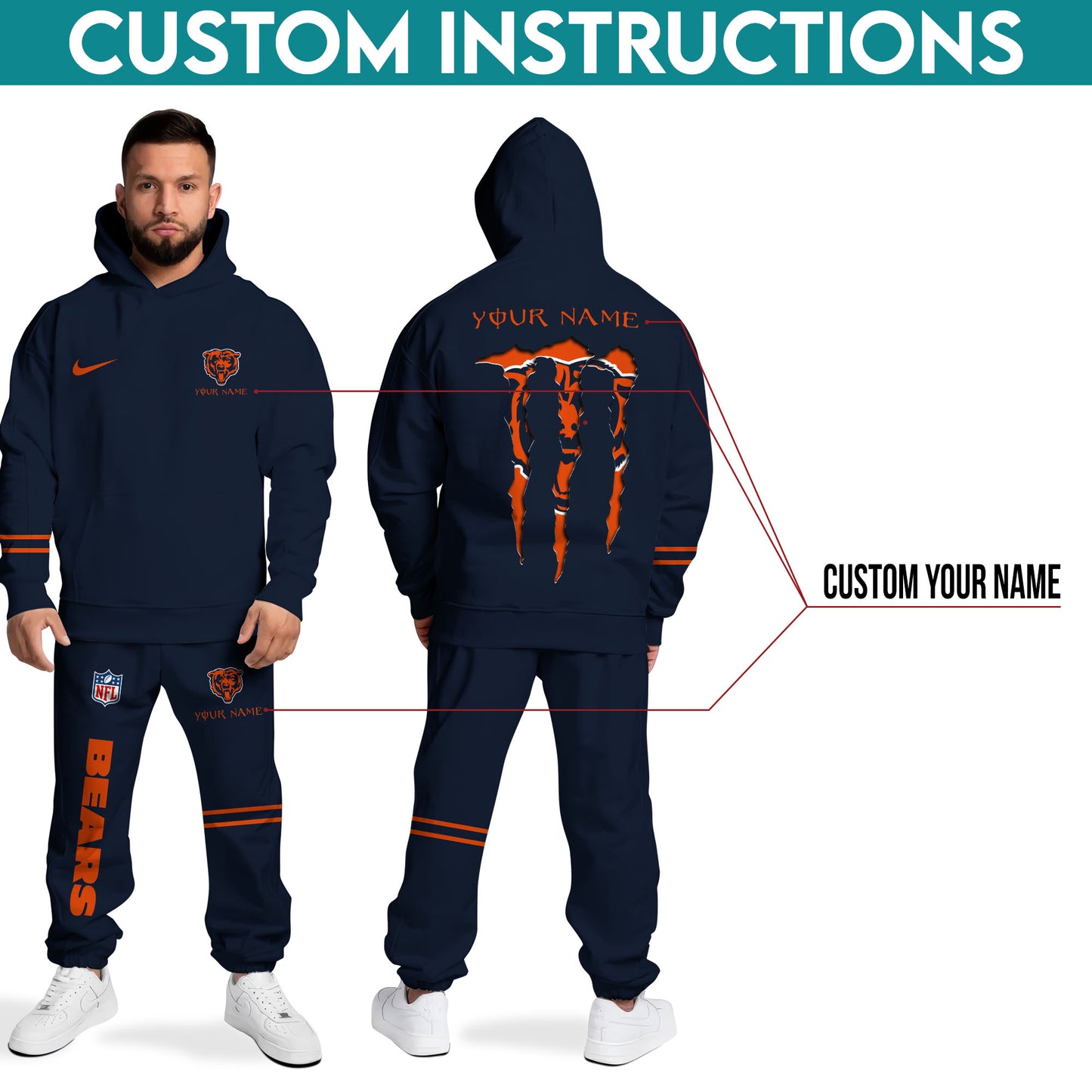 Chicago Bears Combo Hoodie And Sweatpants Custom Name And Choose Color, Gift For Sport Fans ETRG-62589