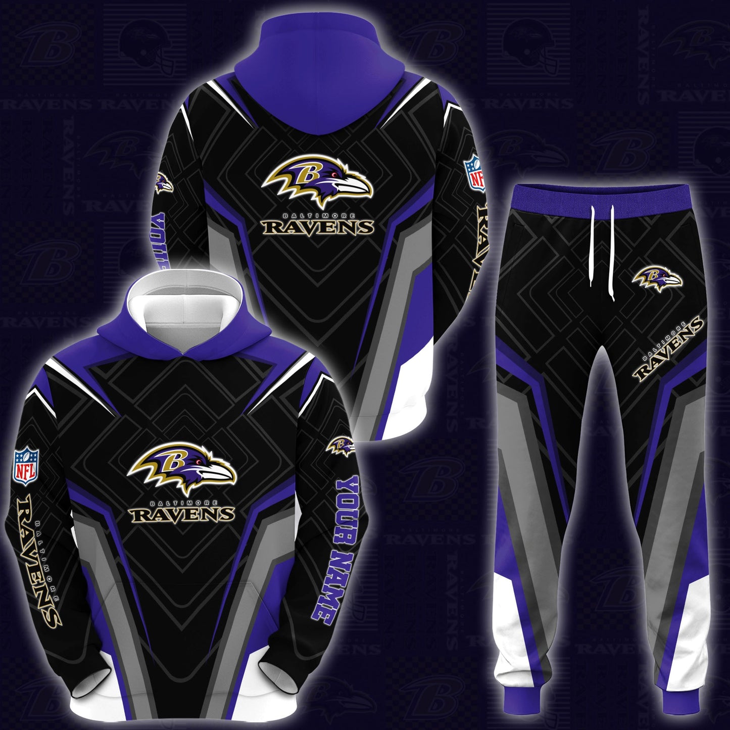 Baltimore Ravens Combo Hoodie And Sweatpants Custom Your Name, Sport Hoodie Sweatpants Set, Sport Gifts For Fans ETRG-62591
