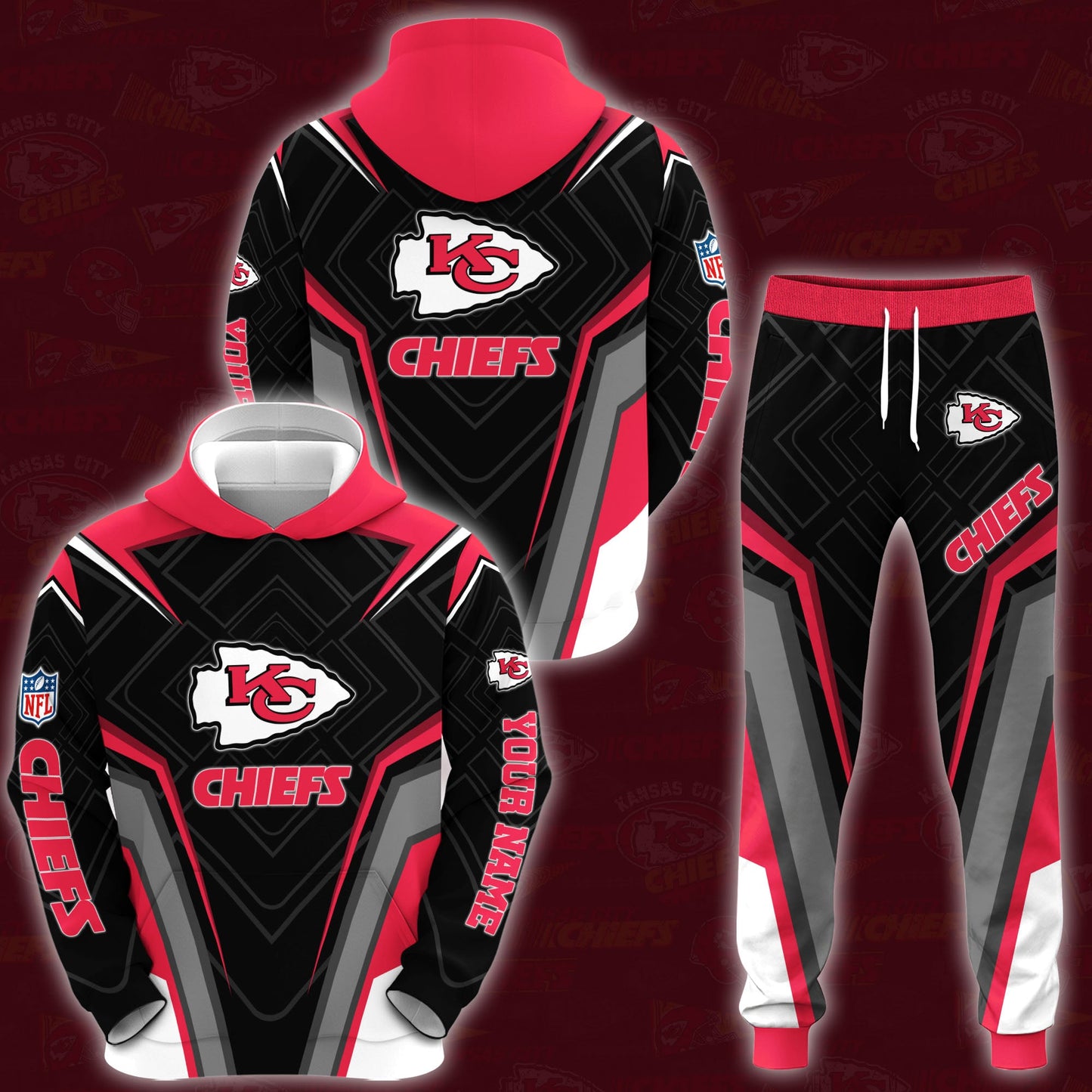 3 Best Selling Kansas City Chiefs Combo Hoodie And Sweatpants Custom Your Name, Sport Hoodie Sweatpants Set, Sport Gifts For Fans ETRG-62591