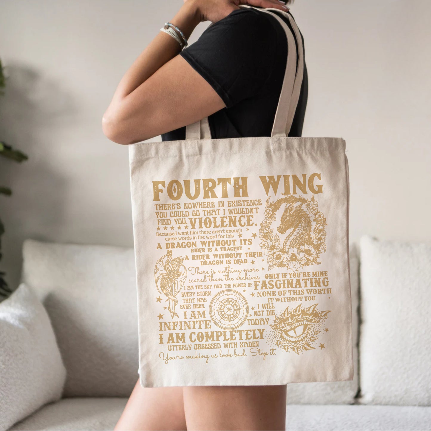 Fourth Wing Tote Bag – Bookish Quotes Canvas Bag