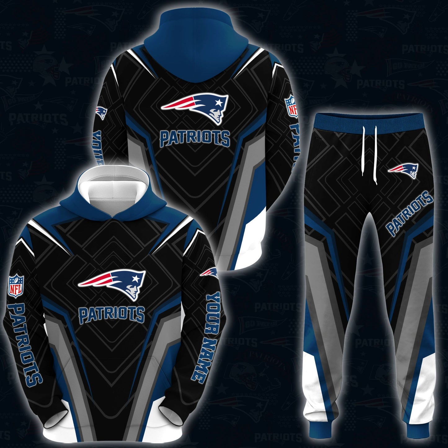 New England Patriots Combo Hoodie And Sweatpants Custom Your Name, Sport Hoodie Sweatpants Set, Sport Gifts For Fans ETRG-62591