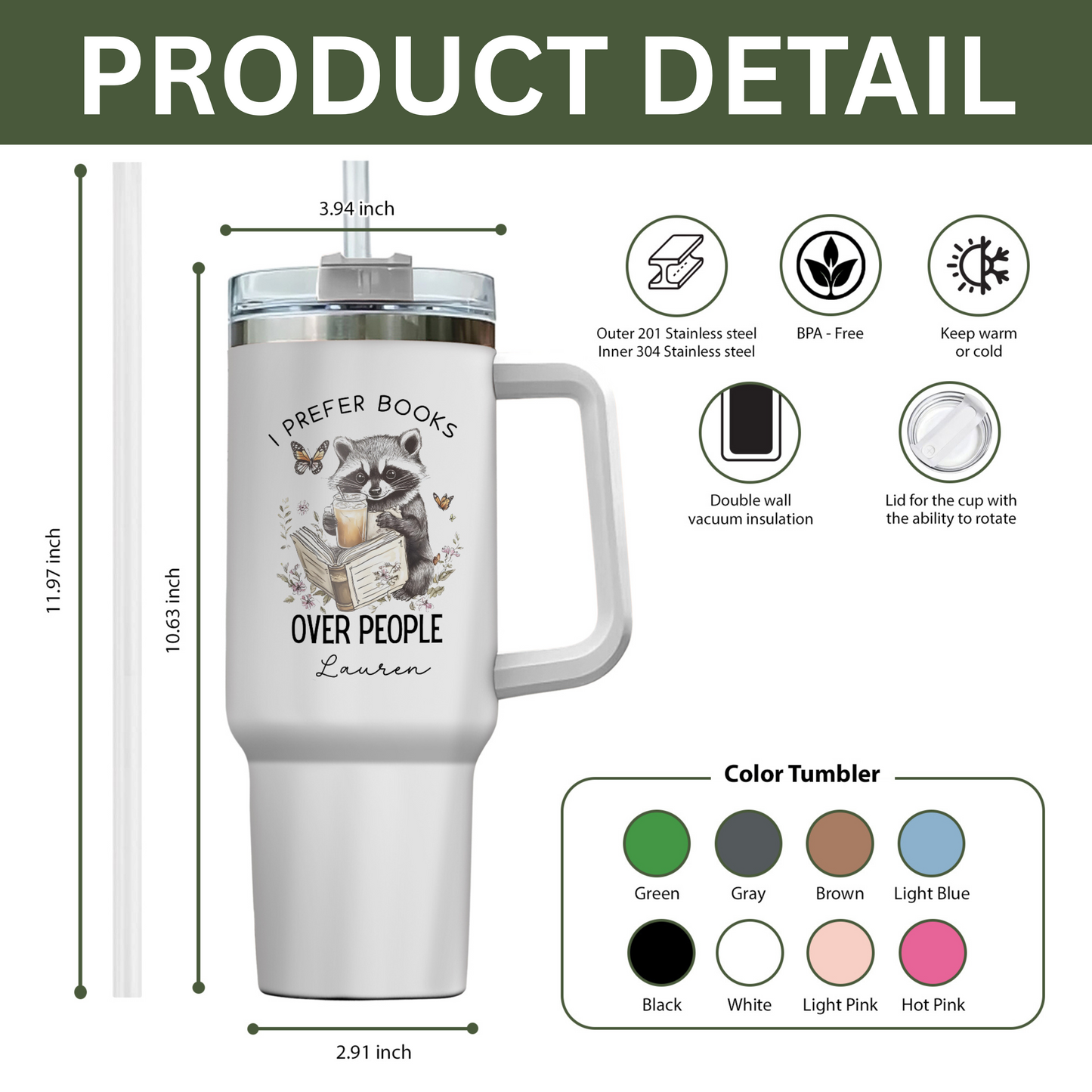 I Prefer Books Over People Tumbler | Custom Name Bookish Cup