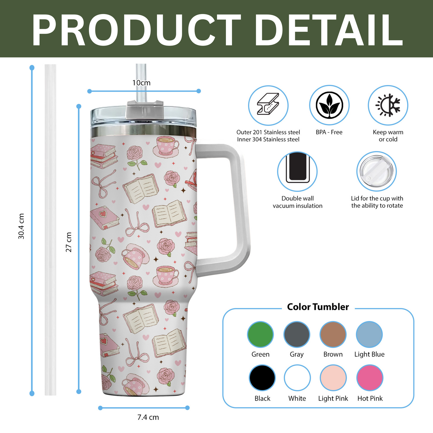 Book Lover Aesthetic Tumbler with Handle – 40oz Stainless Steel