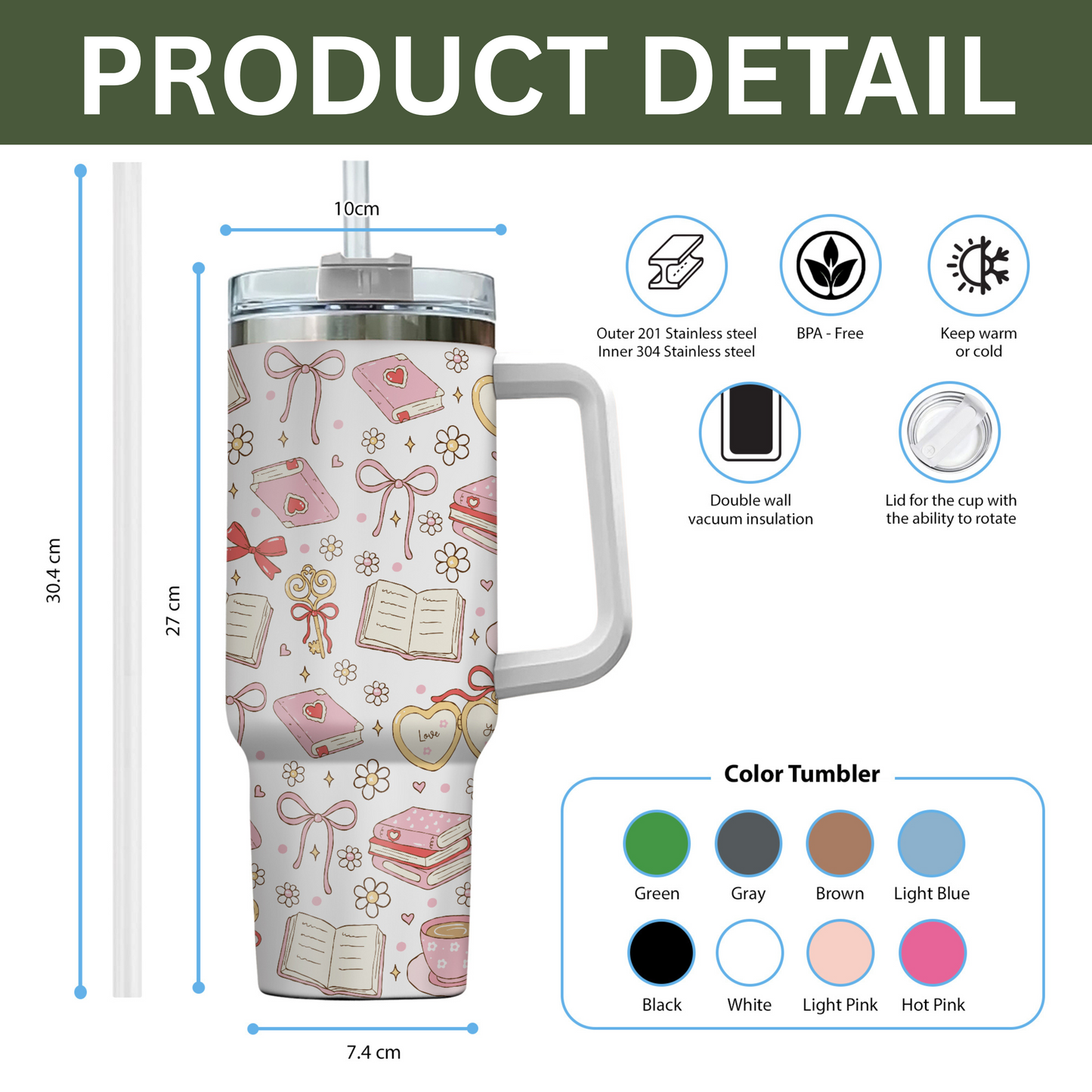Bookish Love Aesthetic Tumbler with Handle – 40oz Stainless Steel
