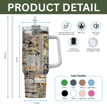 Book Lover Collage Tumbler with Handle – 40oz Aesthetic Travel Mug