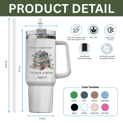 Custom Name Book Stack Reading Day Stainless Steel Tumbler