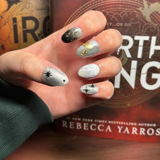 Fourth Wing Silver Star Nails | Dragon-Inspired Press Ons