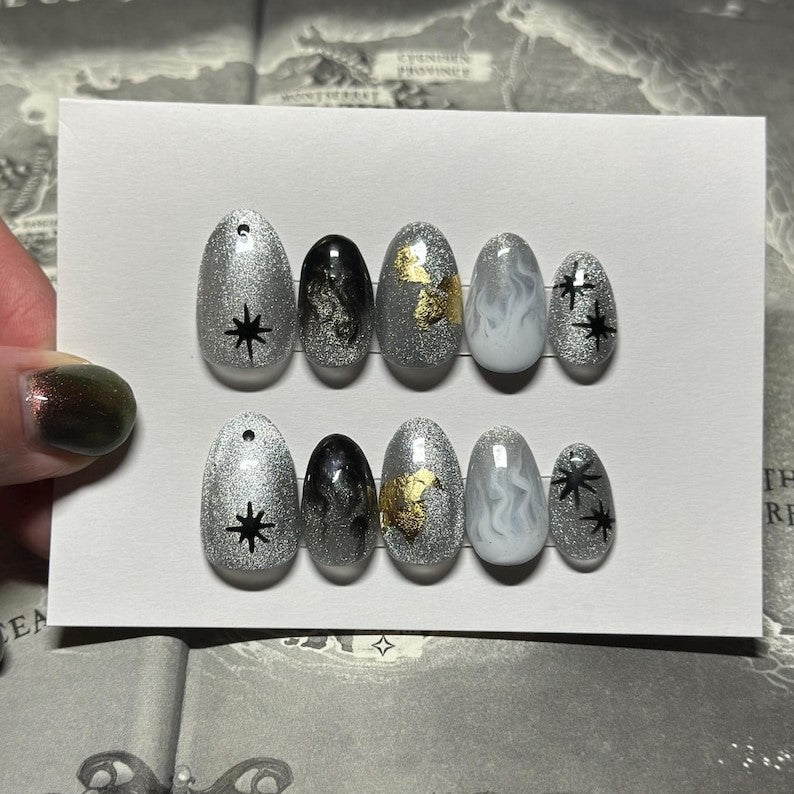 Fourth Wing Silver Star Nails | Dragon-Inspired Press Ons