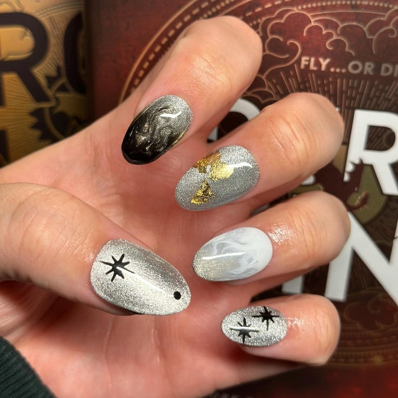 Fourth Wing Silver Star Nails | Dragon-Inspired Press Ons
