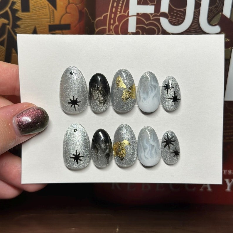Fourth Wing Silver Star Nails | Dragon-Inspired Press Ons